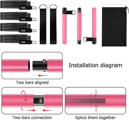 Pilates Bar Kit with 4 Strong Resistance Bands, Upgraded 3-Section Yoga Strengthened Adjustable Resistance Band Bar with Foot Straps, Exercise Fitness Workout Equipment for Leg Butt Full Body Shaping