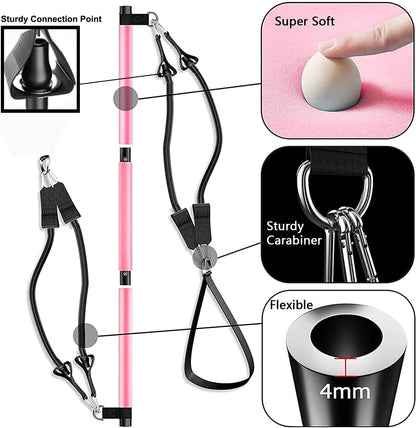 Pilates Bar Kit with 4 Strong Resistance Bands, Upgraded 3-Section Yoga Strengthened Adjustable Resistance Band Bar with Foot Straps, Exercise Fitness Workout Equipment for Leg Butt Full Body Shaping