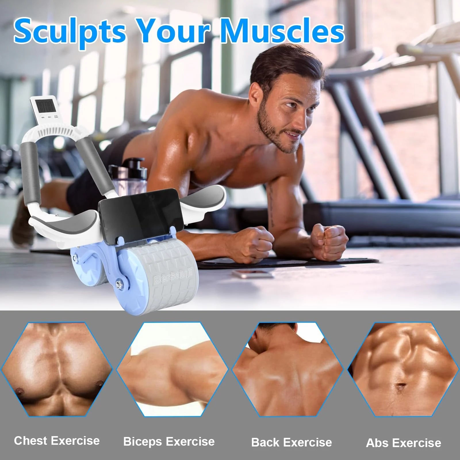 2025 New with Timer Ab Abdominal Exercise Roller Elbow Support, Abs Roller Wheel Core Exercise Equipment, Automatic Rebound Abdominal Wheel